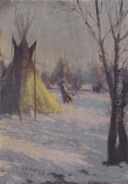 Indian Walking Through The Snow Oil Painting by Elling William Gollings