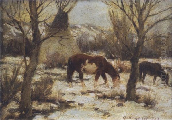 Horses Grazing In The Snow Oil Painting by Elling William Gollings