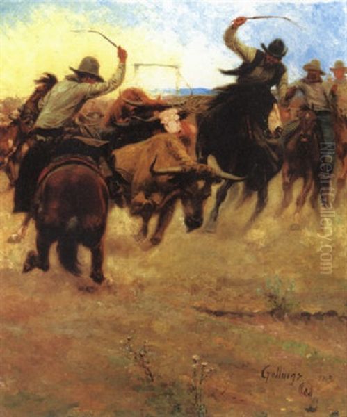 Wyoming Cowboys (the Breakaway) Oil Painting by Elling William Gollings