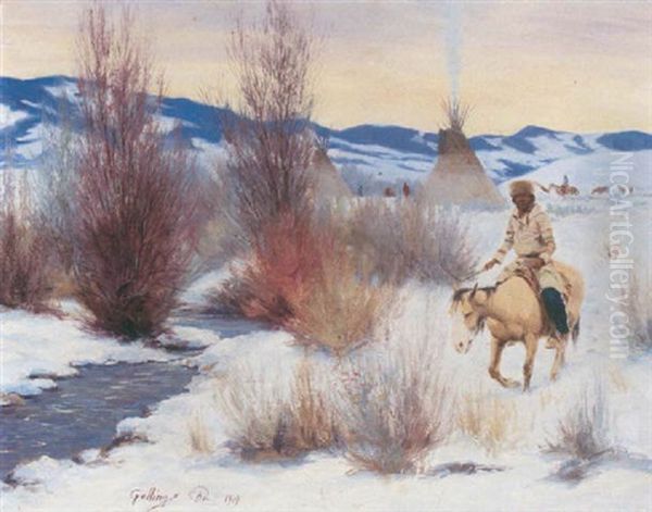 A Winter Landscape With An American Indian On Horseback Oil Painting by Elling William Gollings