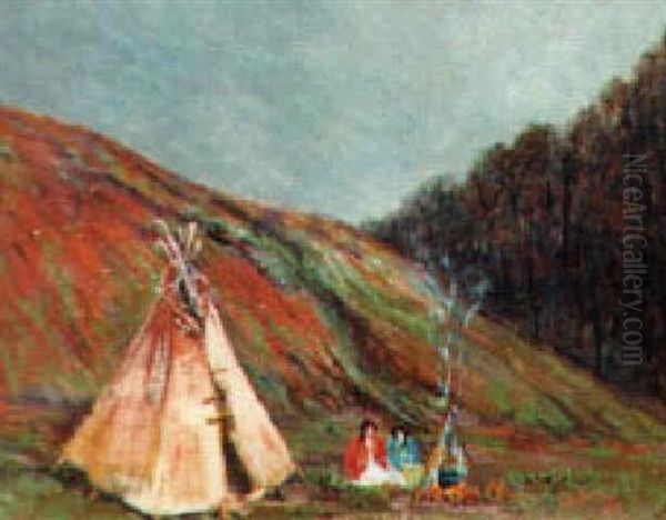 Indians By A Teepee Oil Painting by Elling William Gollings