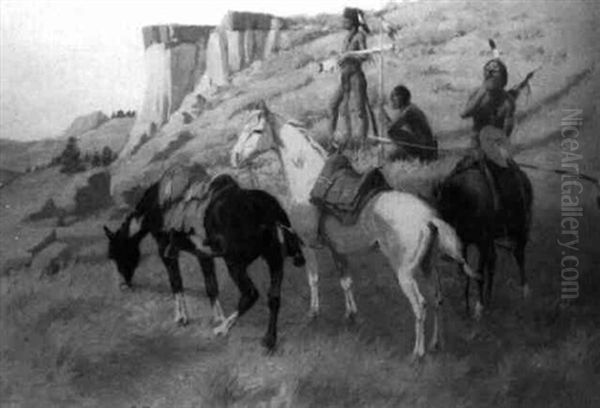 Three Standing Indians With Their Ponies Oil Painting by Elling William Gollings