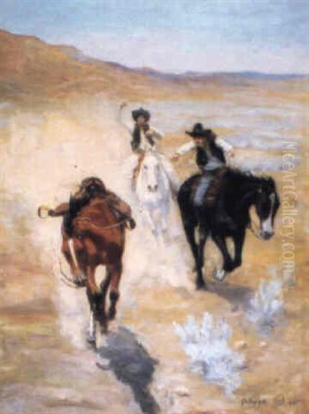 Cowboys Roping A Runaway Horse Oil Painting by Elling William Gollings