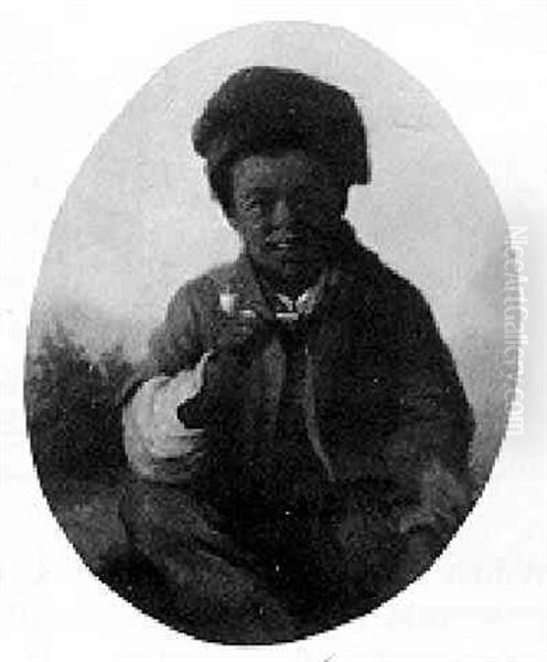 A Black Boy Smoking A Pipe Oil Painting by Julius Gollmann