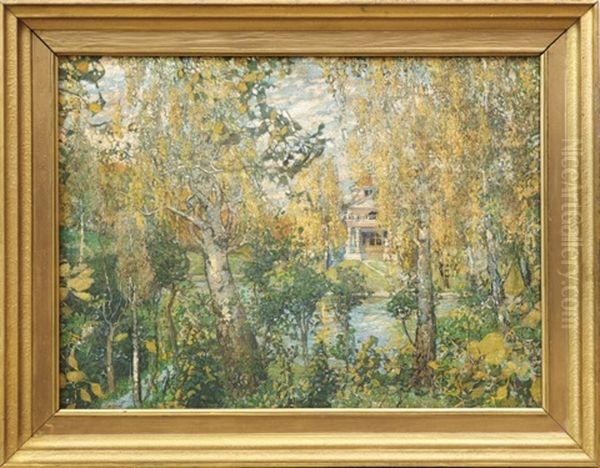 Parklandschaft Mit Hinter Baumen Verstecktem Gebaude Oil Painting by Aleksandr Yakovlevich Golovin