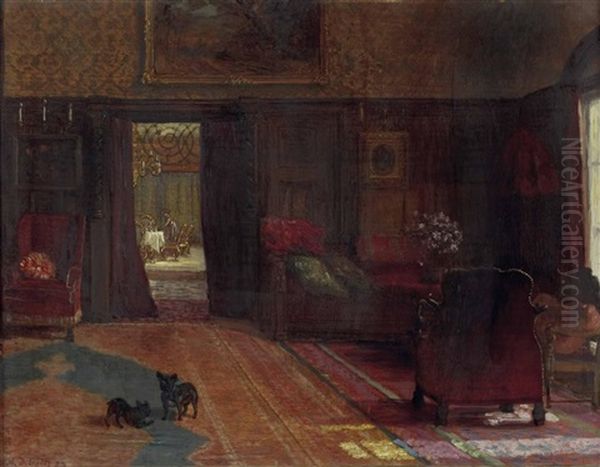 Interieur Mit Zwei Kleinen Hunden (mops) Oil Painting by Alexander Demetrius Goltz