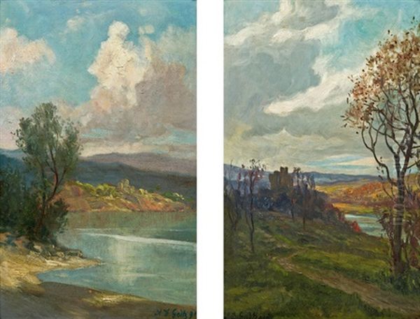 Pendants: Zwei Ansichten Aus Der Wachau (pair) Oil Painting by Alexander Demetrius Goltz