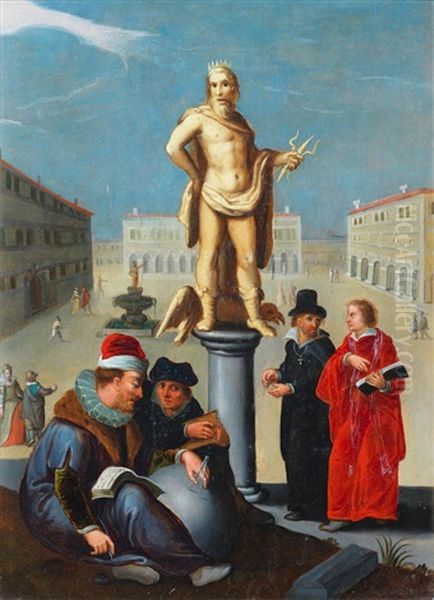 Figures In A Piazza Before A Statue Of Neptune Oil Painting by Hendrik Goltzius