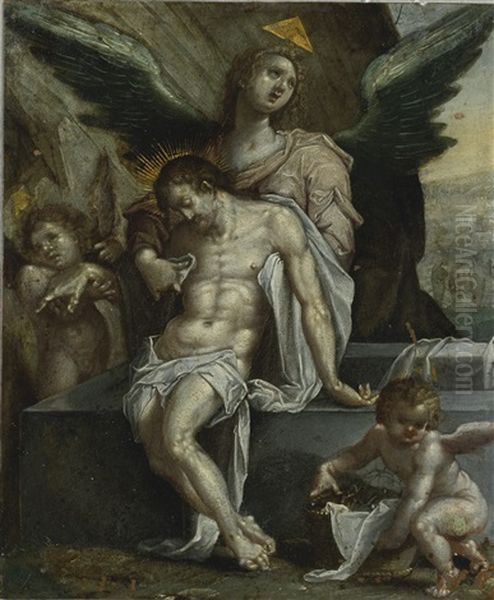 The Body Of Christ Supported By Angels Oil Painting by Hendrik Goltzius