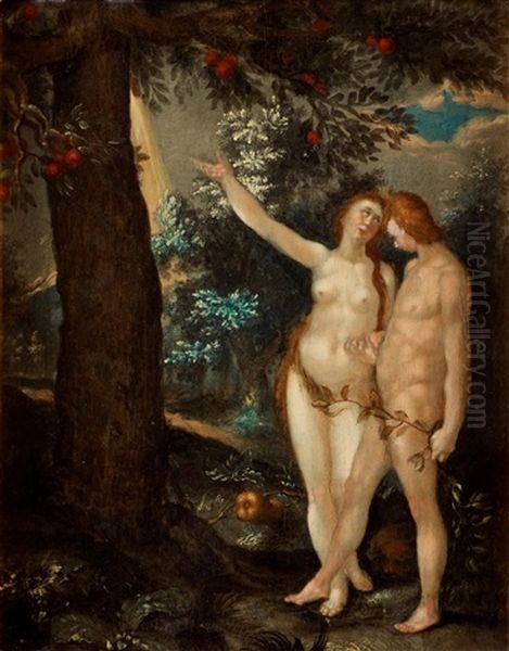 Adam Och Eva I Lustgarden Oil Painting by Hendrik Goltzius