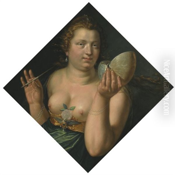 An Allegroical Female Figure (pictura ?), Holding A Paintbrush And Nautilus Shell Oil Painting by Hendrik Goltzius