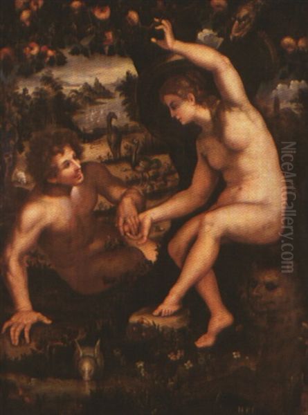 Adamo Ed Eva Nel Paradiso Terrestre Oil Painting by Hendrik Goltzius