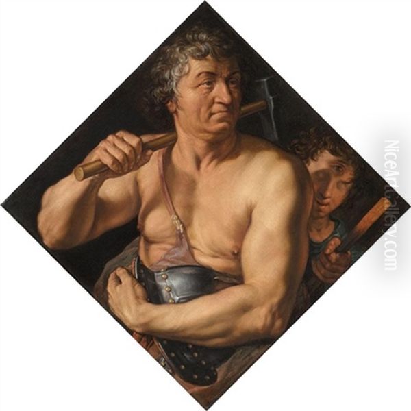 An Allegorical Portrait Of Jan Govertsz. Van Der Aar As Vulcan In His Forge Oil Painting by Hendrik Goltzius