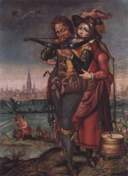 A Crossbowman And A Maid In A Landscape Before A Town Oil Painting by Hendrik Goltzius