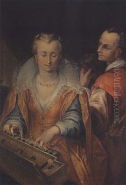 Fine Sense Of Hearing - Interior With A Woman And Man Playing Music Oil Painting by Hendrik Goltzius