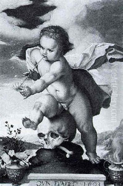 A Vanitas: A Putto Stepping On A Skull, Blowing Bubbles, A Landscape Beyond, Flowers In A Vase And Smoking Urn On Ledge Oil Painting by Hendrik Goltzius