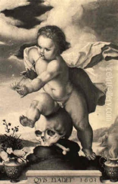 A Vanitas Painting: A Putto Stepping On A Skull While Blowing Bubbles Oil Painting by Hendrik Goltzius