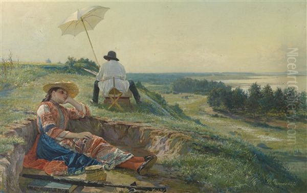 Ein Heiser Sommertag (der Kusntler Bei Der Arbeit) Oil Painting by Vasili Andreevich Golynskij