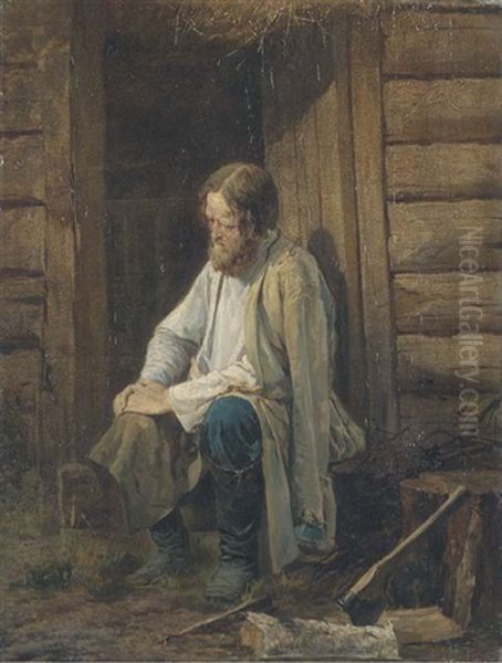 A Woodcutter Oil Painting by Vasili Andreevich Golynskij