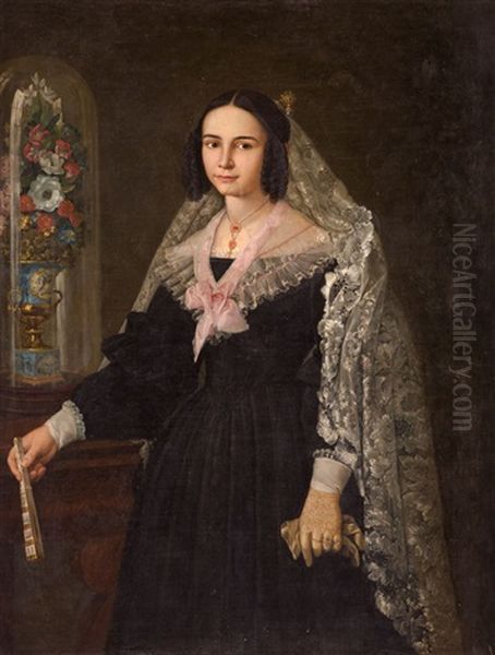 Retrato De Dama Con Mantilla Y Abanico Junto A Un Fanal De Flores Oil Painting by Antonio Gomez Cros