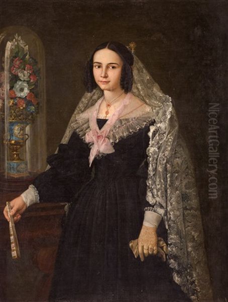 Retrato De Dama Con Mantilla Y Abanico Junto A Un Fanal De Flores Oil Painting by Antonio Gomez Cros