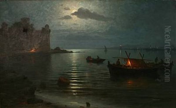 Coastal Scene From Malaga With A Castle Ruin And Fishermen Oil Painting by Guillermo Gomez Gil