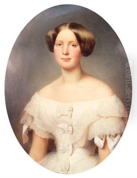 Portrait De Jeune Fille En Robe Blanche Agrementee De Dentelles Et De Noeuds Blancs Sur Le Buste Oil Painting by Charles Gomien