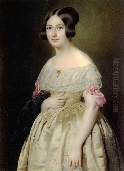 Madame Paul Gomien, Nee Bathilde Pernot, En Robe De Satin Ivoire, Borde De Dentelle, Noud Rose Et Bijou De Corsage, Tenant Un Chale De Gaze Noir D'une Main Oil Painting by Paul Gomien