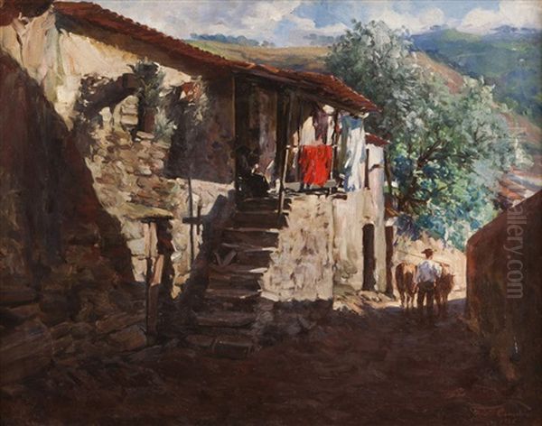 Vista De Casa Com Figuras E Gado Oil Painting by Fausto Goncalves