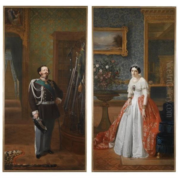 Vittorio Emanuele Ii, King Of Italy (+ Maria Adelaide Of Austria, Queen Of Italy; Pair) Oil Painting by Francesco Gonin