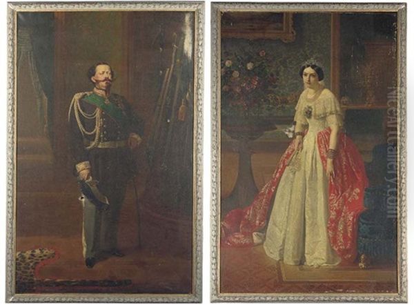 Portrait Of Vittorio Emanuele Ii, King Of Italy (+ Portrait Of Maria Adelaide Of Austria, Queen Of Italy; 2 Works) Oil Painting by Francesco Gonin