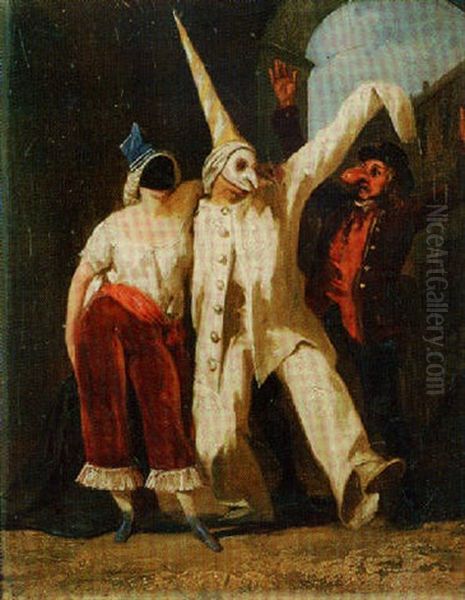 Pulcinello With Commedia Dell'arte Figures Oil Painting by Francesco Gonin