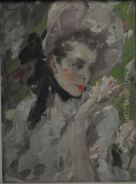 Jeune Femme Au Chapeau Aux Roses Oil Painting by Jacques Fernand Gonin