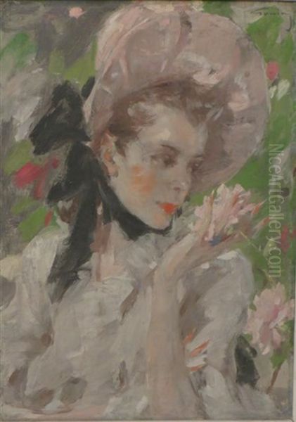 Jeune Femme Au Chapeau Aux Roses Oil Painting by Jacques Fernand Gonin