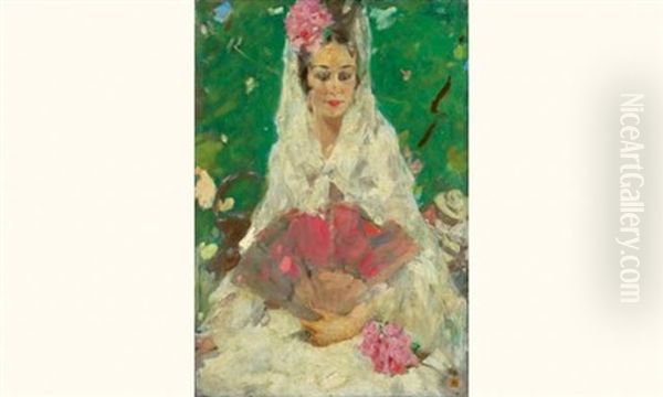 Portrait D'elegante A L'eventail Rose Oil Painting by Jacques Fernand Gonin