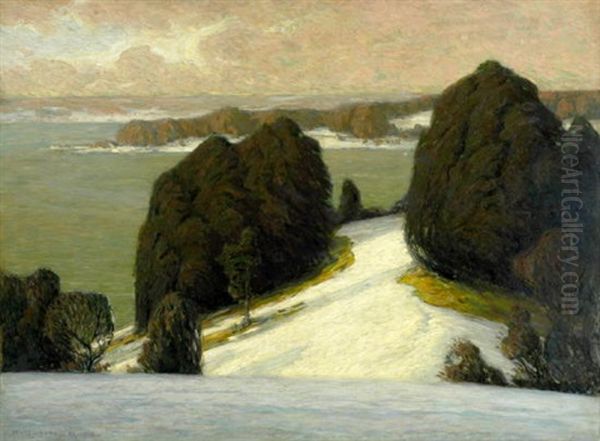 Blick Von Einer Schneebeckten Anhohe Auf Eine Sudlandische Bucht Im Abendrot Oil Painting by Rudolf Gonner