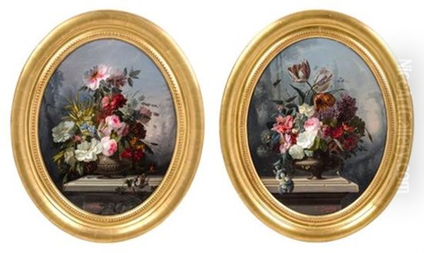 Urns With Flowers (a Pair Of Works) Oil Painting by Clement Gontier