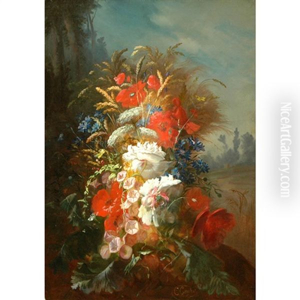 Still Life Of Flowers In A Landscape Oil Painting by Clement Gontier