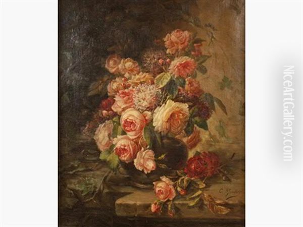 Bouquet De Roses A L'entablement Oil Painting by Clement Gontier