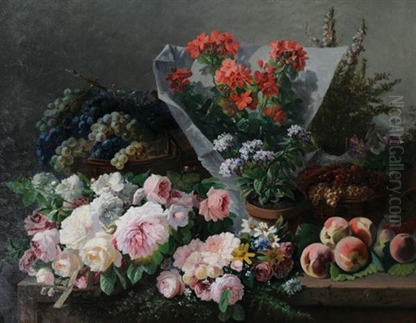 Still Life Of Flowers And Fruit Oil Painting by Clement Gontier