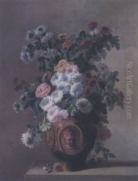 Still Life Of Crysanthemums In A Terracotta Vase Oil Painting by Clement Gontier