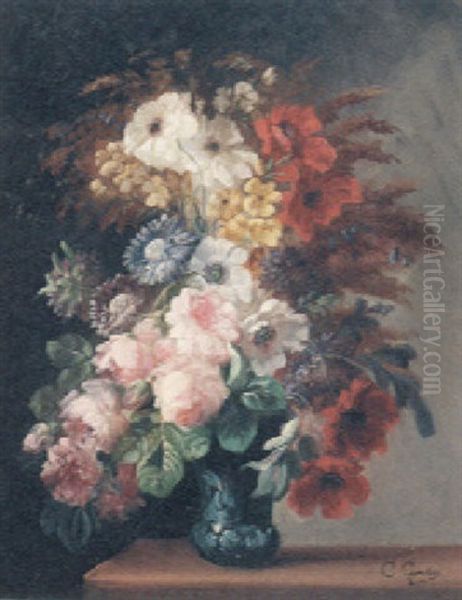 A Vase Of Summer Flowers On A Ledge Oil Painting by Clement Gontier