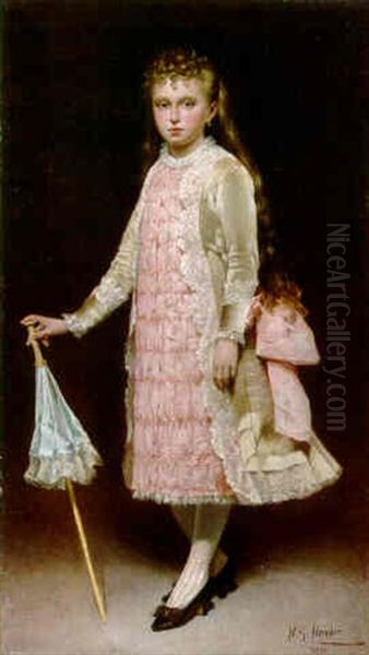 A Young Girl Holding A Parasol Oil Painting by Manuel Gonzalez Mendez