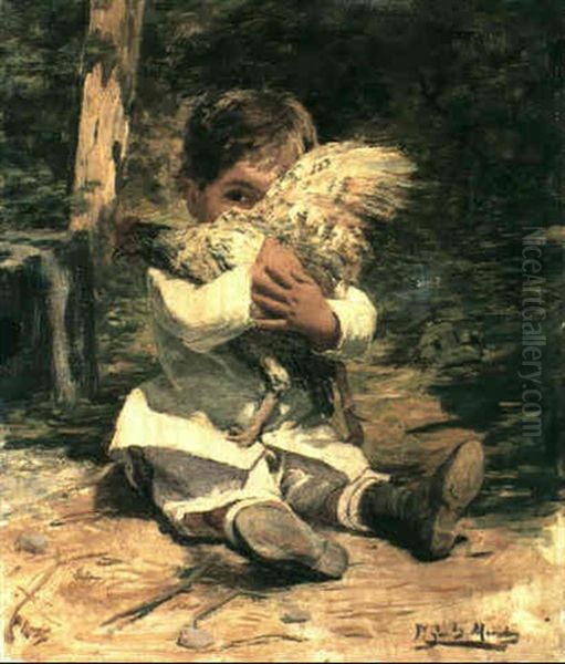 Young Boy With A Chicken Oil Painting by Manuel Gonzalez Mendez