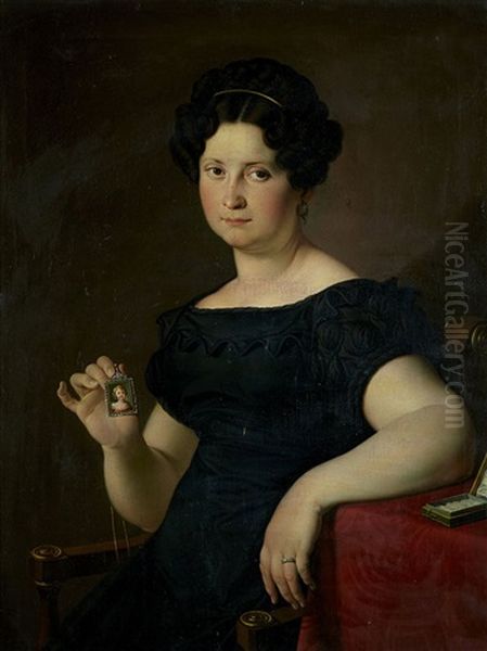 Retrato De Dna. Manuela Gonzalez Velazquez Y Diaz Jimenez, Sentada Junto A Una Mesa, Sosteniendo Una Miniatura En Su Mano Derecha Oil Painting by Zacarias Gonzalez Velazquez