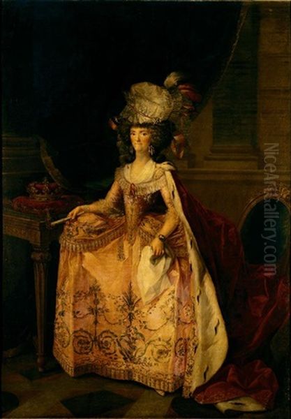 Portrait Of Maria Luisa Of Parma, Queen Of Spain, Full Length Standing, Wearing A Pink Dress And A Lace Bonnet Oil Painting by Zacarias Gonzalez Velazquez