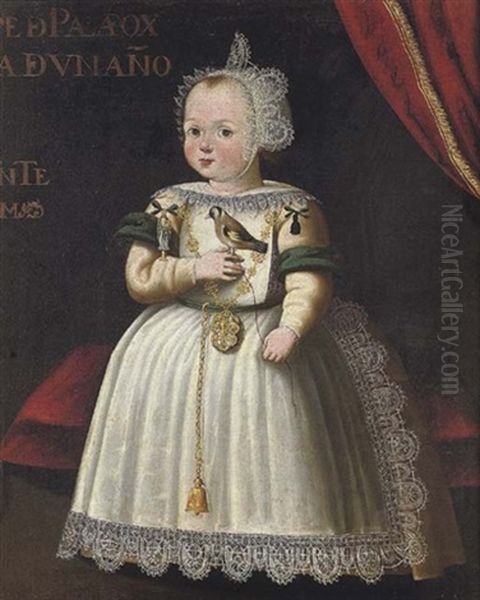 Portrait Of A Young Girl From The Palafox Family, Aged 1, In A White Dress Trimmed With Lace And Wearing A White Lace Bonnet, Holding A Bird Oil Painting by Bartolome Gonzalez