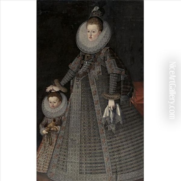 Portrait Of Margaret Of Austria, Queen Of Spain And Portugal And A Child Oil Painting by Bartolome Gonzalez