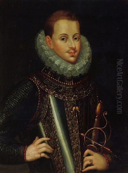 Portrait Of Philip Iii Of Spain Wearing Armour And The Order Of The Golden Fleece Oil Painting by Bartolome Gonzalez