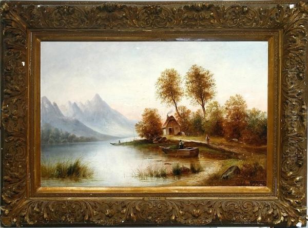 A Southern European Mountain Scenery With Rowing Boats Along The River Coast Oil Painting by Josef Bader